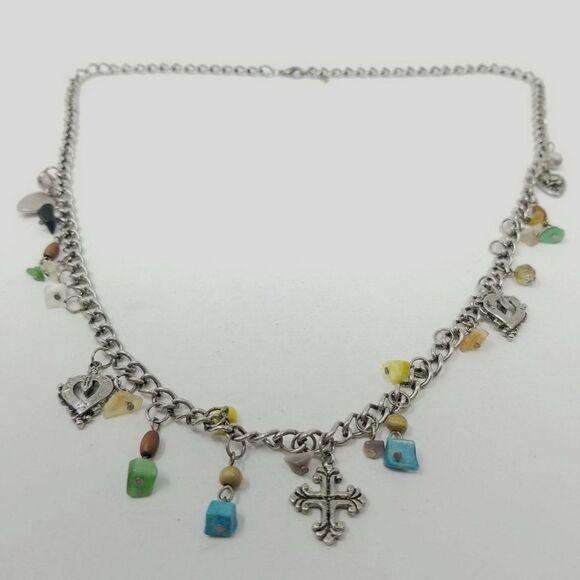 Vintage Charm Necklace, Silver Tone Chain, Beaded, Hearts, Cross, Estate - Picture 4 of 4